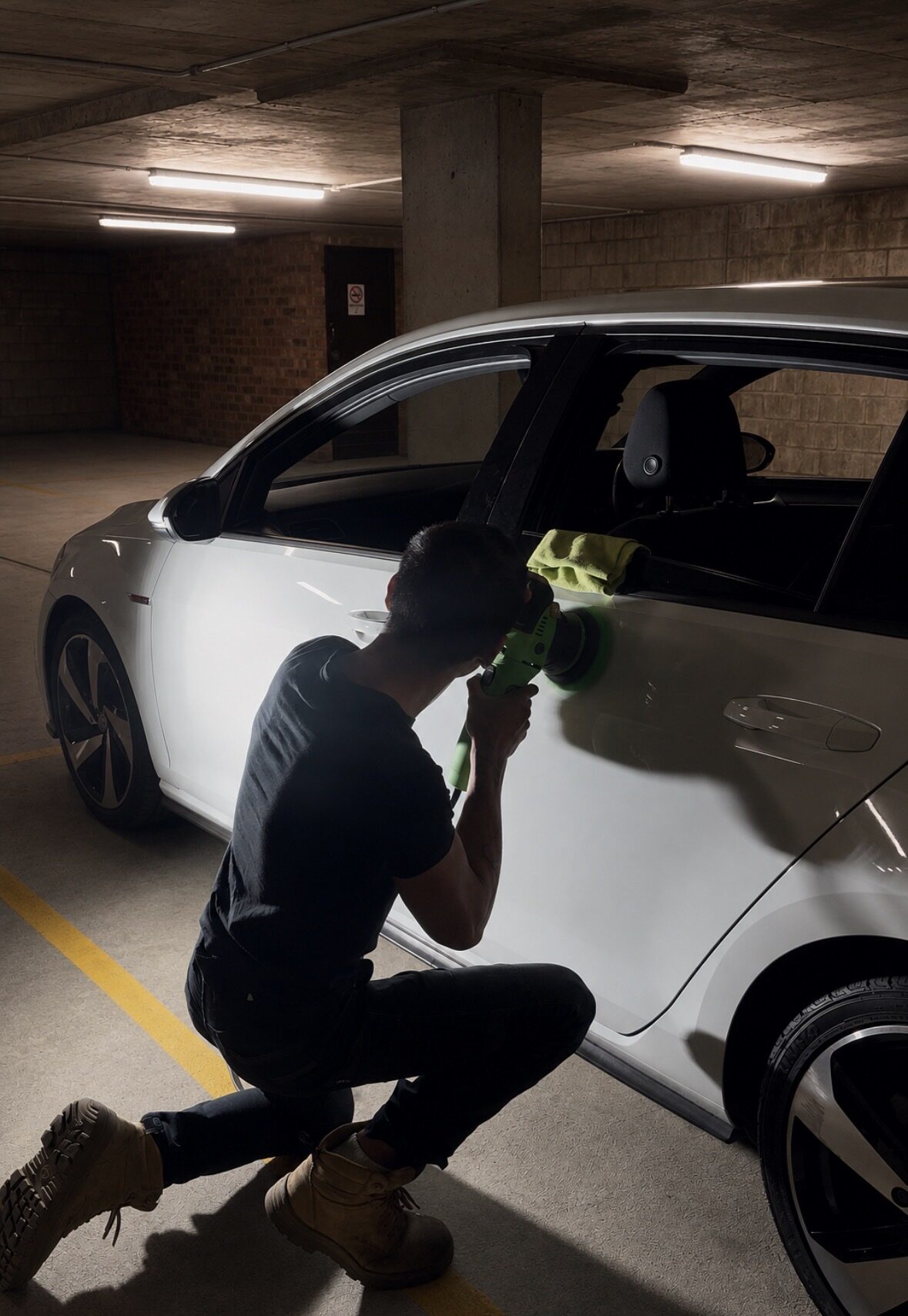 Detailer machine polishing a white car door under inspection lighting