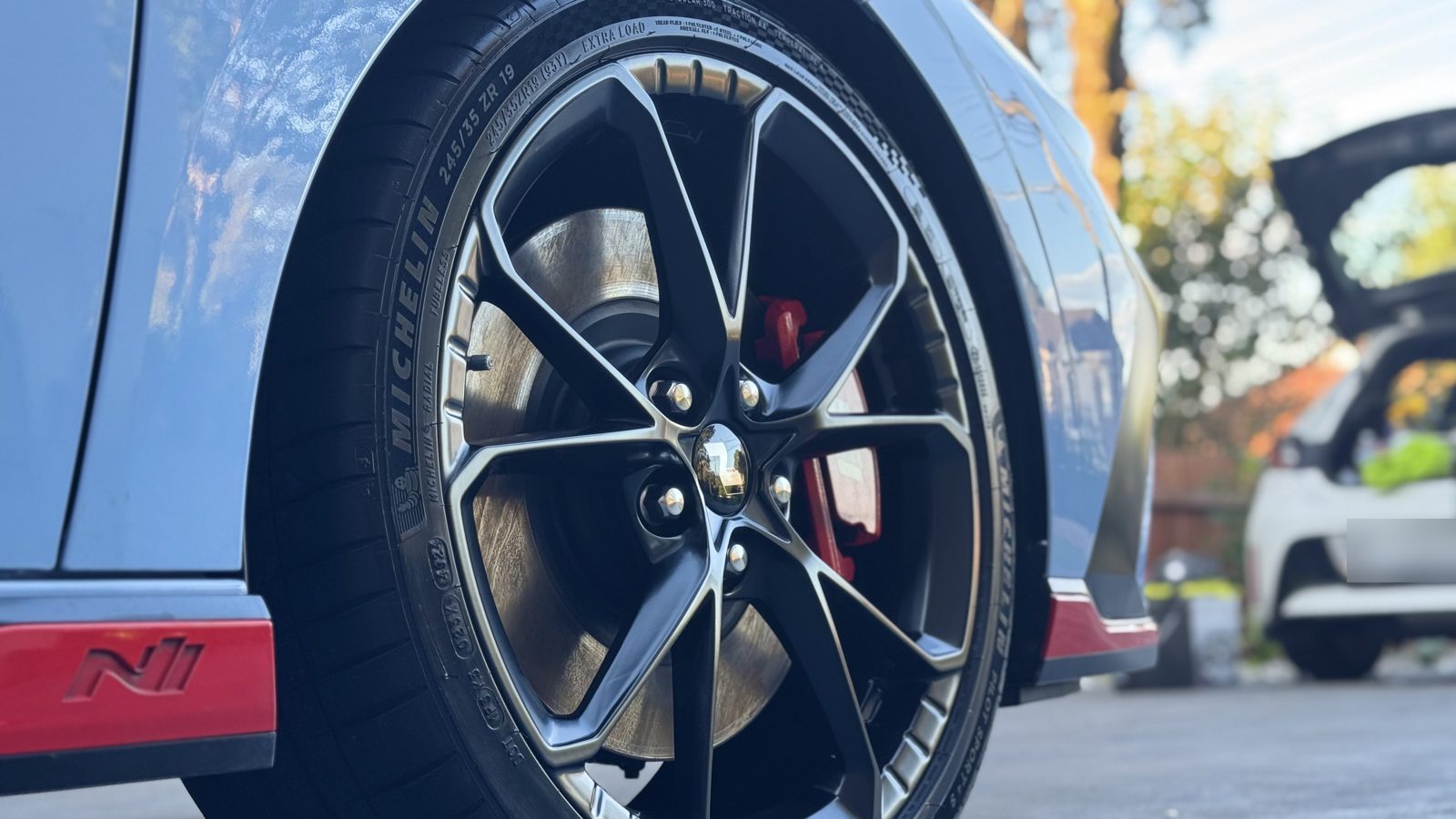 Clean black wheel and dressed Michelin tyre on a Hyundai i30 N